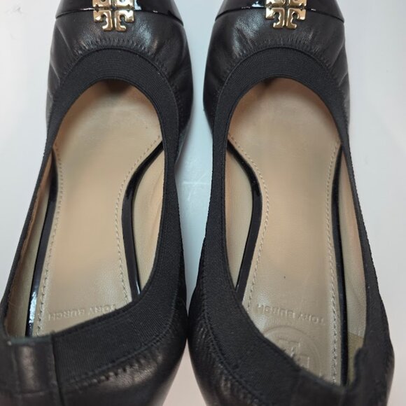 Tory Burch Black Leather Jolie Wedge Cap Toe Pumps 8.5 - Picture 7 of 13